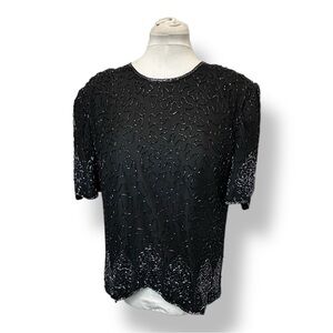 Scala Women’s Beaded Short Sleeve Dressy Top VTG 80s Nylon Black XXL